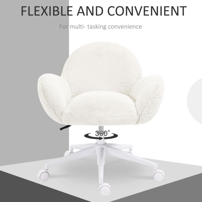 Homcom Makeup Vanity Chair, Cute Fluffy Desk Chair With Rolling Wheels Cream White