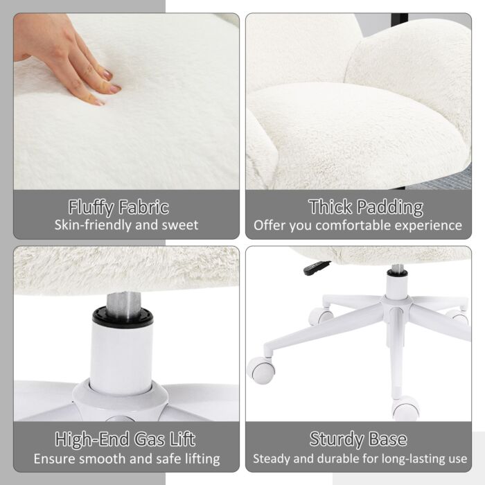 Homcom Makeup Vanity Chair, Cute Fluffy Desk Chair With Rolling Wheels Cream White