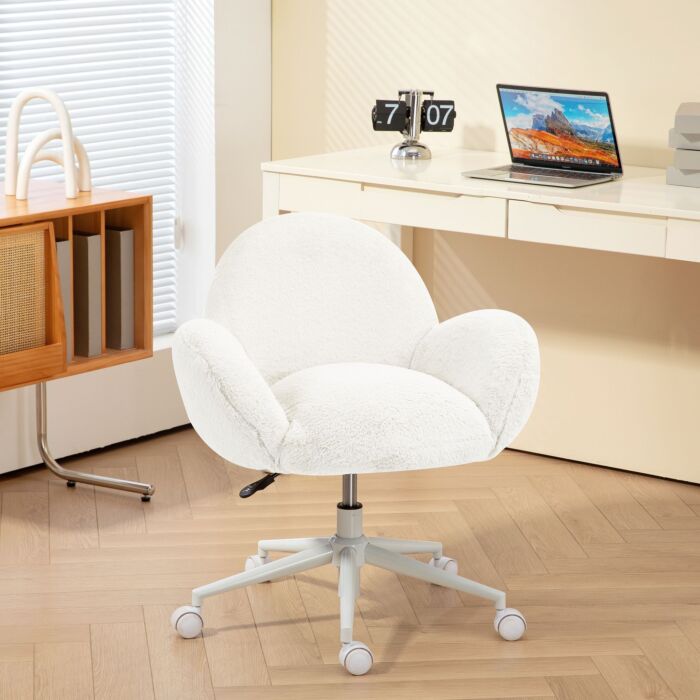 Homcom Makeup Vanity Chair, Cute Fluffy Desk Chair With Rolling Wheels Cream White