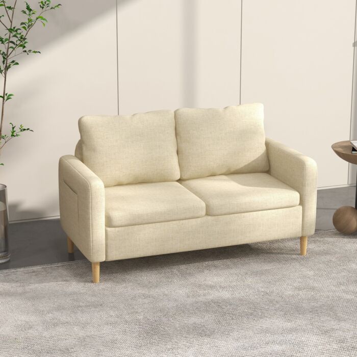 Homcom 143cm 2 Seater Sofa For Living Room, Modern Fabric Couch, Loveseat Sofa Settee With Wood Legs And 2 Pockets For Bedroom And Home Office, Beige