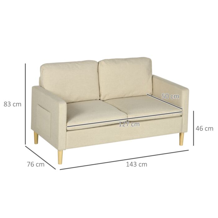 Homcom 143cm 2 Seater Sofa For Living Room, Modern Fabric Couch, Loveseat Sofa Settee With Wood Legs And 2 Pockets For Bedroom And Home Office, Beige