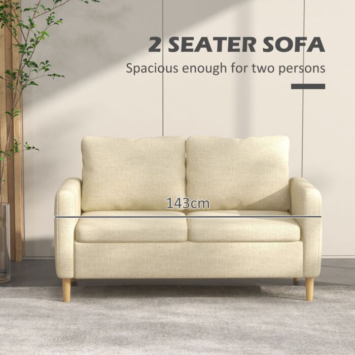 Homcom 143cm 2 Seater Sofa For Living Room, Modern Fabric Couch, Loveseat Sofa Settee With Wood Legs And 2 Pockets For Bedroom And Home Office, Beige