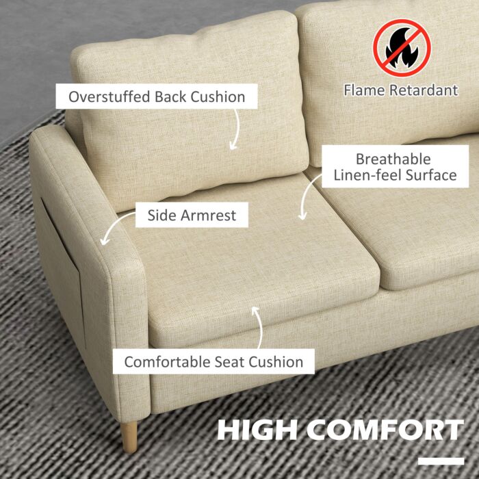 Homcom 143cm 2 Seater Sofa For Living Room, Modern Fabric Couch, Loveseat Sofa Settee With Wood Legs And 2 Pockets For Bedroom And Home Office, Beige