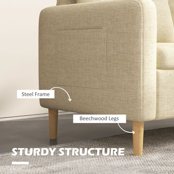 Homcom 143cm 2 Seater Sofa For Living Room, Modern Fabric Couch, Loveseat Sofa Settee With Wood Legs And 2 Pockets For Bedroom And Home Office, Beige