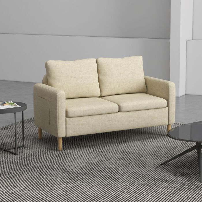 Homcom 143cm 2 Seater Sofa For Living Room, Modern Fabric Couch, Loveseat Sofa Settee With Wood Legs And 2 Pockets For Bedroom And Home Office, Beige