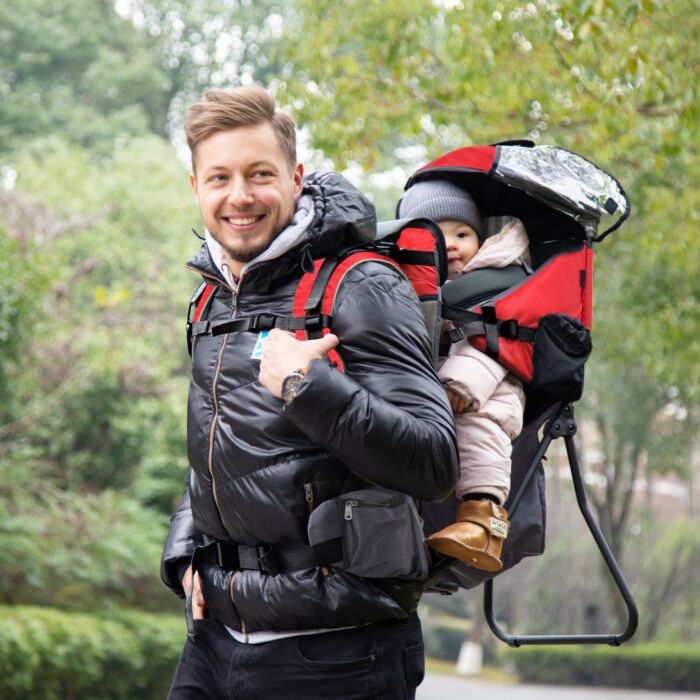 Homcom Baby Backpack Carrier Child Carrier With Ergonomic Hip Seat Detachable Rain Cover Adjustable Straps Stand For Toddlers Age 6 To 36 Months Red
