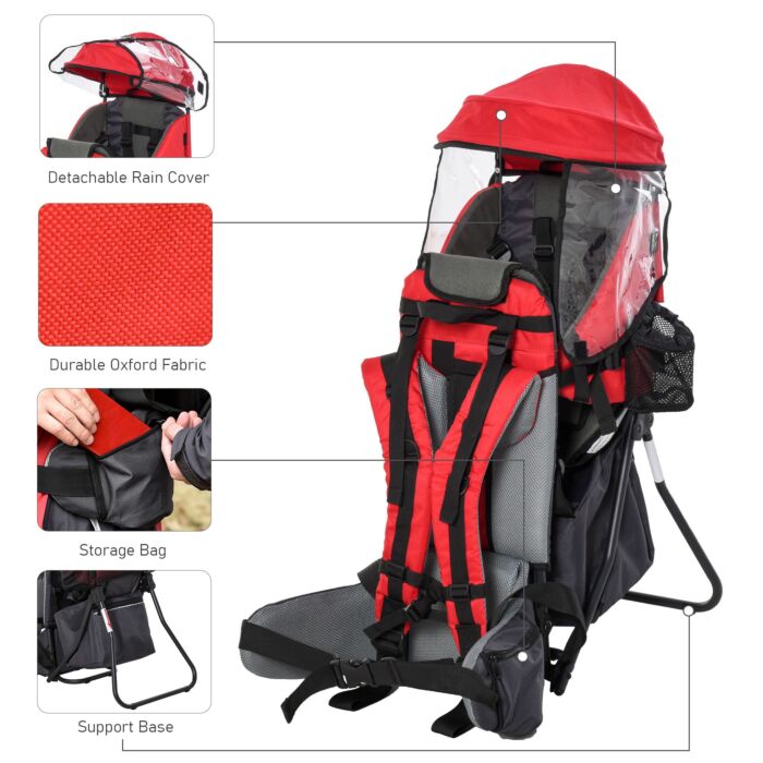 Homcom Baby Backpack Carrier Child Carrier With Ergonomic Hip Seat Detachable Rain Cover Adjustable Straps Stand For Toddlers Age 6 To 36 Months Red