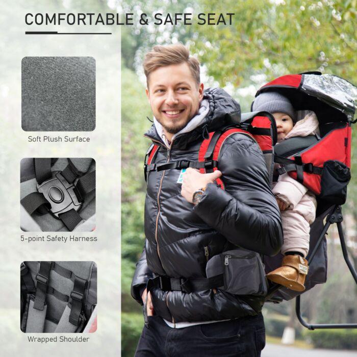 Homcom Baby Backpack Carrier Child Carrier With Ergonomic Hip Seat Detachable Rain Cover Adjustable Straps Stand For Toddlers Age 6 To 36 Months Red