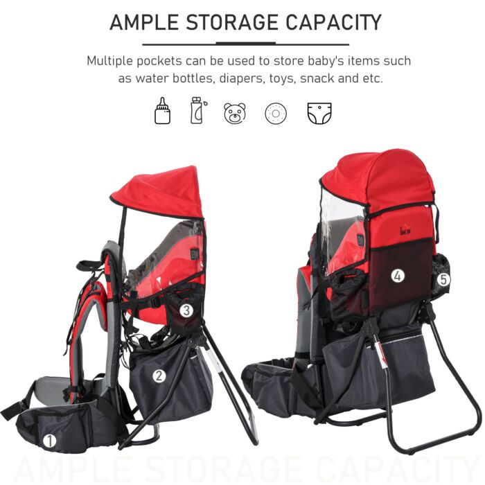 Homcom Baby Backpack Carrier Child Carrier With Ergonomic Hip Seat Detachable Rain Cover Adjustable Straps Stand For Toddlers Age 6 To 36 Months Red