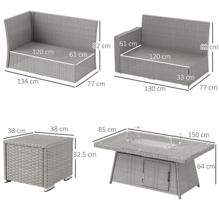 Outsunny 7 Pieces Pe Rattan Garden Furniture Set, 50,000 Btu Gas Fire Pit Table, Double Corner Sofa And 3 Footstools, 6 Seater Furniture Sofa Sets With Cushions For Conservatory, Grey