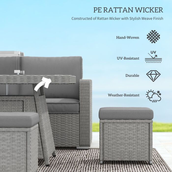 Outsunny 7 Pieces Pe Rattan Garden Furniture Set, 50,000 Btu Gas Fire Pit Table, Double Corner Sofa And 3 Footstools, 6 Seater Furniture Sofa Sets With Cushions For Conservatory, Grey