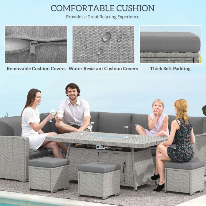 Outsunny 7 Pieces Pe Rattan Garden Furniture Set, 50,000 Btu Gas Fire Pit Table, Double Corner Sofa And 3 Footstools, 6 Seater Furniture Sofa Sets With Cushions For Conservatory, Grey