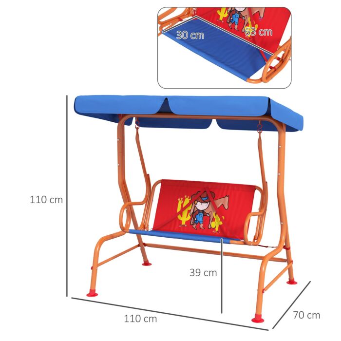 Outsunny Two Seater Kids Garden Swing, Cowboy Themed Kids Swing Chair With Adjustable Canopy, Safety Belts For Outdoor Use