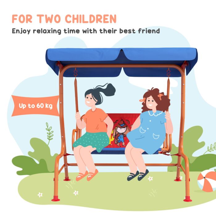 Outsunny Two Seater Kids Garden Swing, Cowboy Themed Kids Swing Chair With Adjustable Canopy, Safety Belts For Outdoor Use