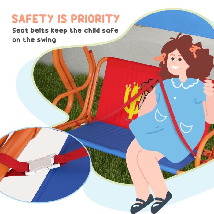 Outsunny Two Seater Kids Garden Swing, Cowboy Themed Kids Swing Chair With Adjustable Canopy, Safety Belts For Outdoor Use