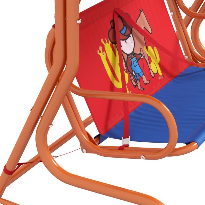 Outsunny Two Seater Kids Garden Swing, Cowboy Themed Kids Swing Chair With Adjustable Canopy, Safety Belts For Outdoor Use