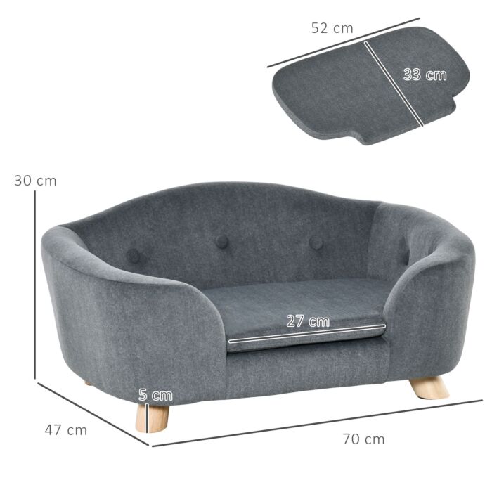 Pawhut Pet Sofa, Dog Bed Couch, Puppy Kitten Lounge, With Wooden Frame, Short Plush Cover, Washable Cushion, For Small Dog, 70 X 47 X 30 Cm, Grey