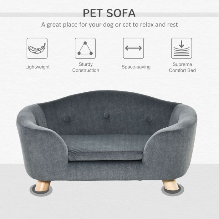 Pawhut Pet Sofa, Dog Bed Couch, Puppy Kitten Lounge, With Wooden Frame, Short Plush Cover, Washable Cushion, For Small Dog, 70 X 47 X 30 Cm, Grey