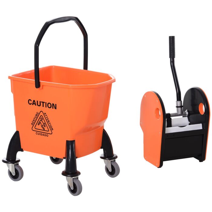 Homcom 26l Mop Bucket With Wringer, Mop Bucket On Wheels With Carry Handle, Mop Holder, Plastic Body For Household, Orange