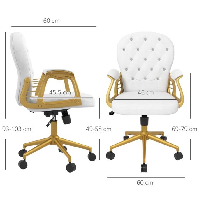 Vinsetto Height Adjustable Home Office Chair, Button Tufted Computer Chair With Padded Armrests And Tilt Function, Cream White