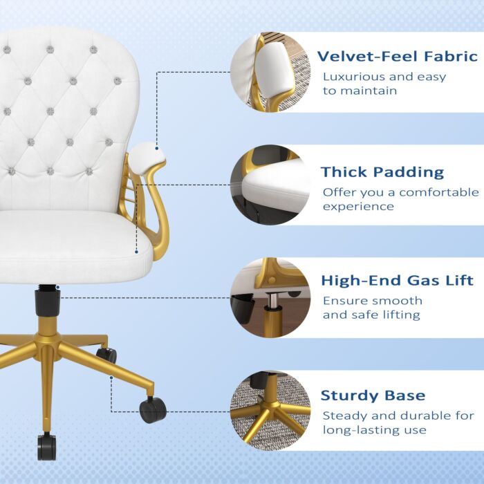 Vinsetto Height Adjustable Home Office Chair, Button Tufted Computer Chair With Padded Armrests And Tilt Function, Cream White