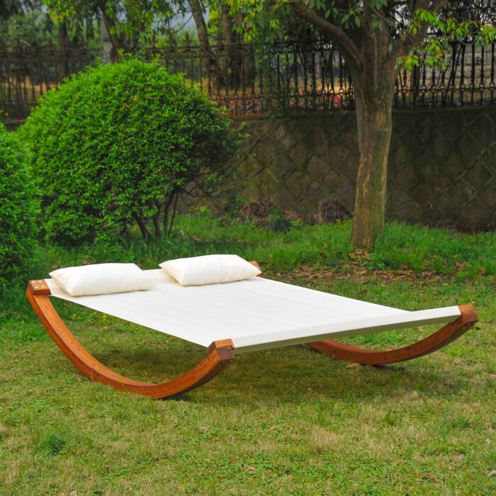 Outsunny Rocking Double Sun Lounger W/ Wooden Frame-white