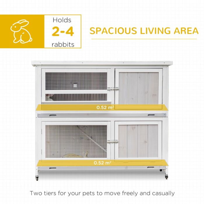 Pawhut Wooden Rabbit Hutch Two-tier Guinea Pig Cage Elevated Multi-door Pet House Bunny Cage W/ Rain Cover, Wheels, Slide-out Tray, Grey