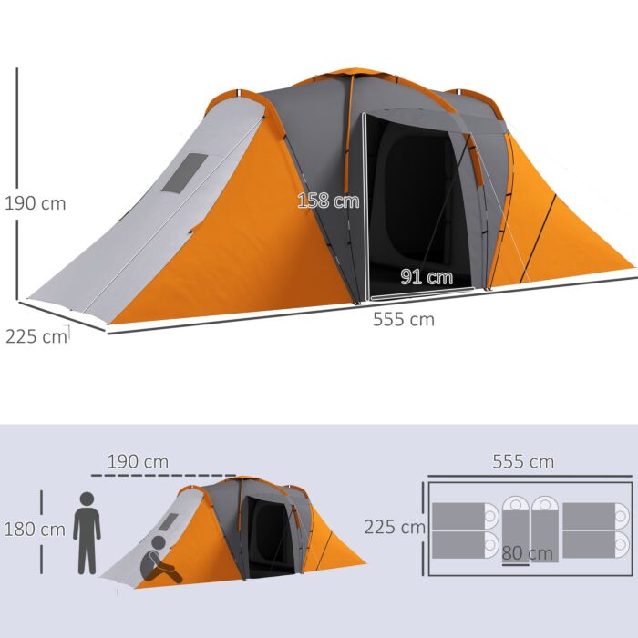 Outsunny Large Camping Tent Tunnel Tent With 2 Bedroom And Living Area, 2000mm Waterproof, Portable With Bag For 4-6 Man, Orange