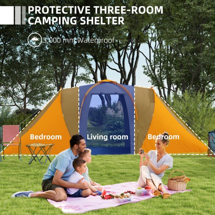 Outsunny Large Camping Tent Tunnel Tent With 2 Bedroom And Living Area, 2000mm Waterproof, Portable With Bag For 4-6 Man, Orange
