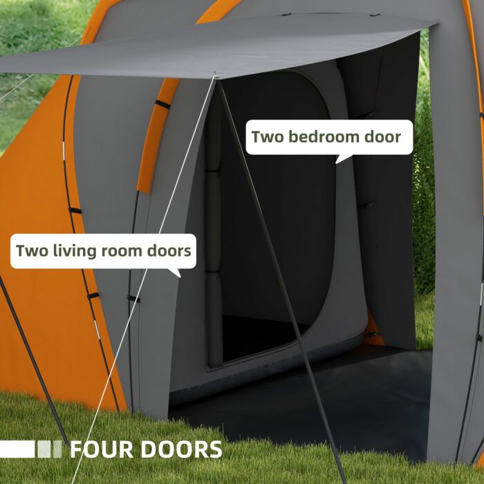 Outsunny Large Camping Tent Tunnel Tent With 2 Bedroom And Living Area, 2000mm Waterproof, Portable With Bag For 4-6 Man, Orange