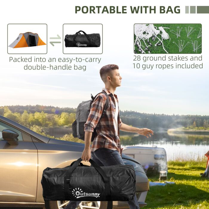 Outsunny Large Camping Tent Tunnel Tent With 2 Bedroom And Living Area, 2000mm Waterproof, Portable With Bag For 4-6 Man, Orange