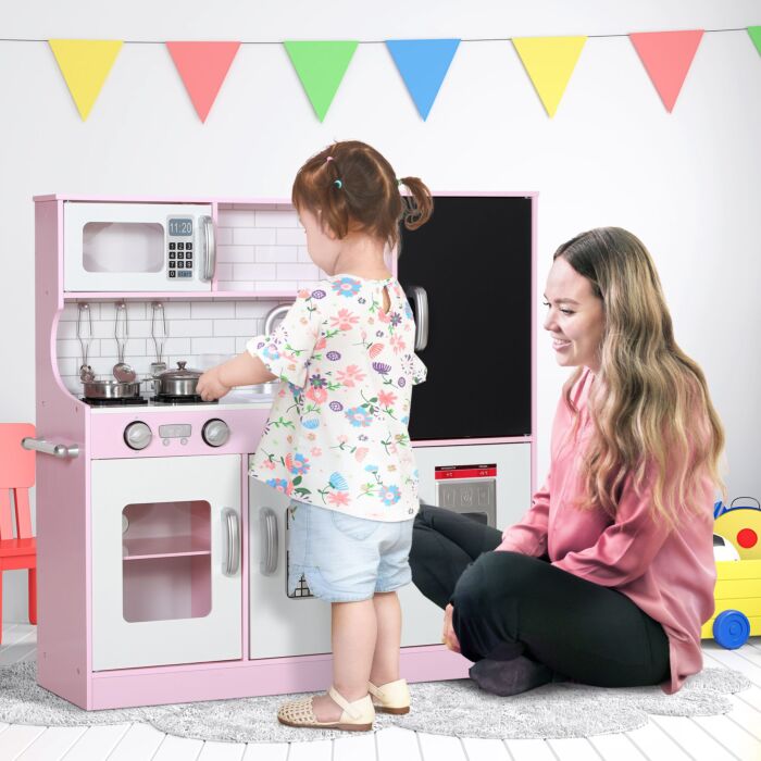 Aiyaplay Pretend Play Kitchen Kids Kitchen Playset W/ Toy Phone, Chalkboard, Microwave, Cooking Stove, Sink