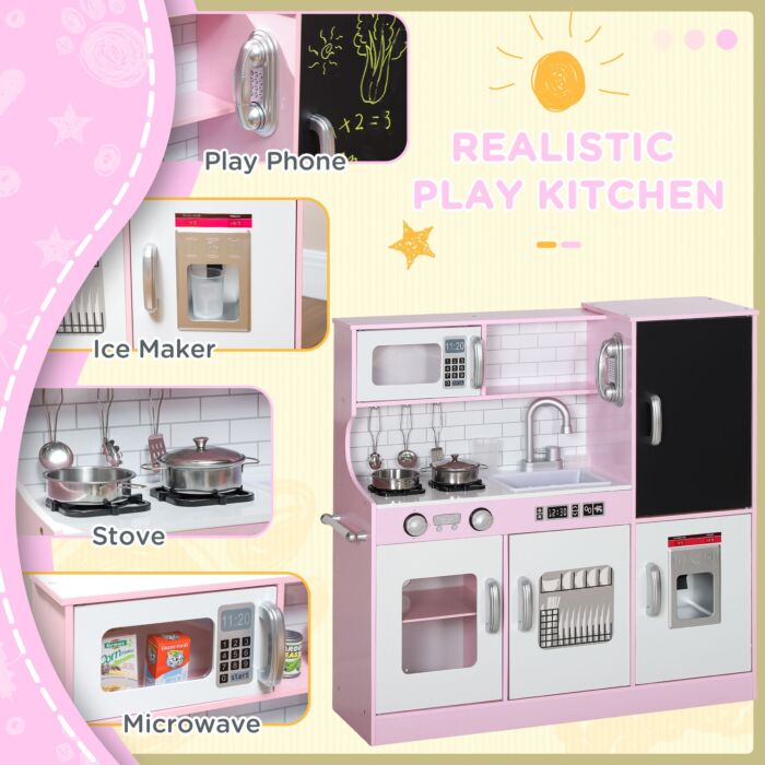 Aiyaplay Pretend Play Kitchen Kids Kitchen Playset W/ Toy Phone, Chalkboard, Microwave, Cooking Stove, Sink