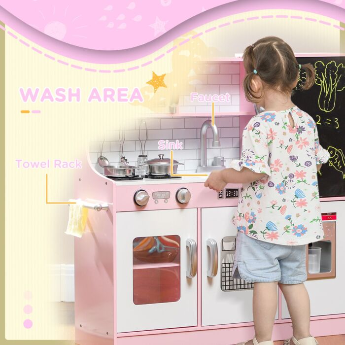 Aiyaplay Pretend Play Kitchen Kids Kitchen Playset W/ Toy Phone, Chalkboard, Microwave, Cooking Stove, Sink