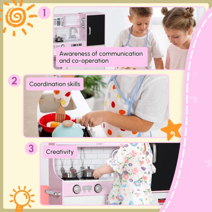 Aiyaplay Pretend Play Kitchen Kids Kitchen Playset W/ Toy Phone, Chalkboard, Microwave, Cooking Stove, Sink