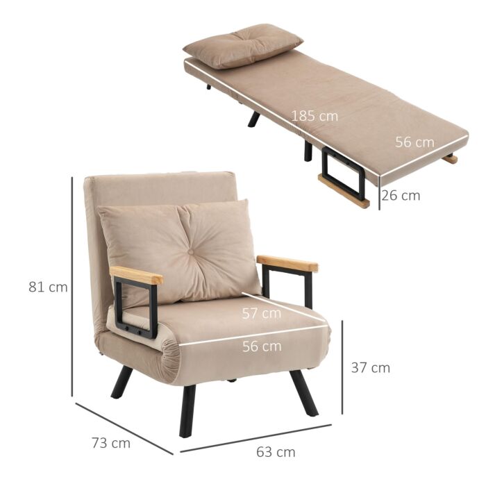 Homcom Click Clack Chair Bed, Convertible Single Chair Couch With 2 Cushions, Beige