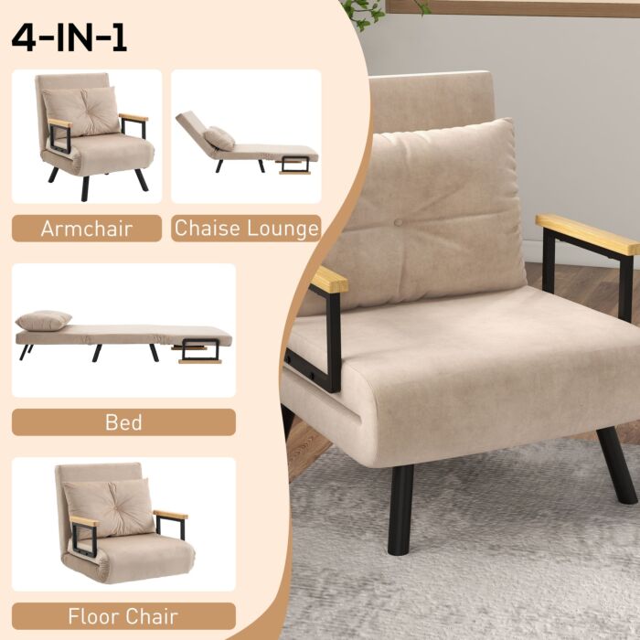 Homcom Click Clack Chair Bed, Convertible Single Chair Couch With 2 Cushions, Beige