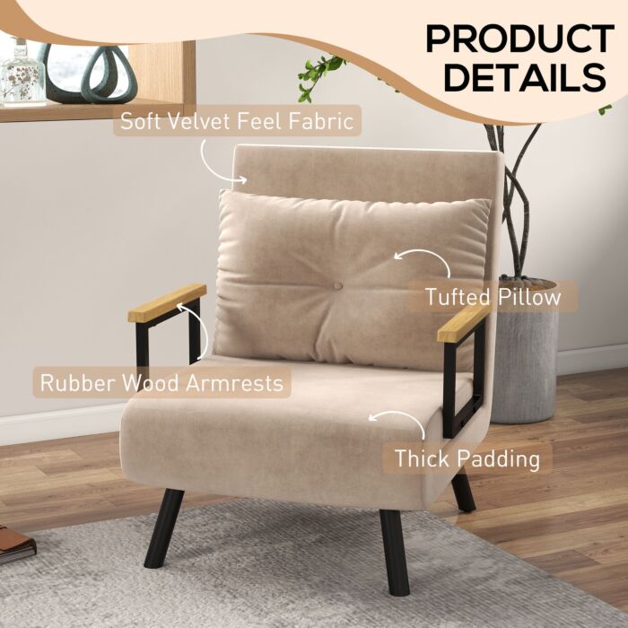 Homcom Click Clack Chair Bed, Convertible Single Chair Couch With 2 Cushions, Beige