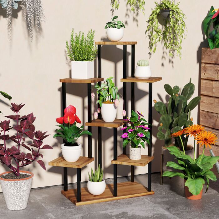 Outsunny 7 Tier Plant Stand Indoor Outdoor, Tiered Corner Steel Wood Plant Shelf For Multiple Plants, Tall Flower Stand Display Rack For Garden Patio Balcony Living Room, Carbonised Finish