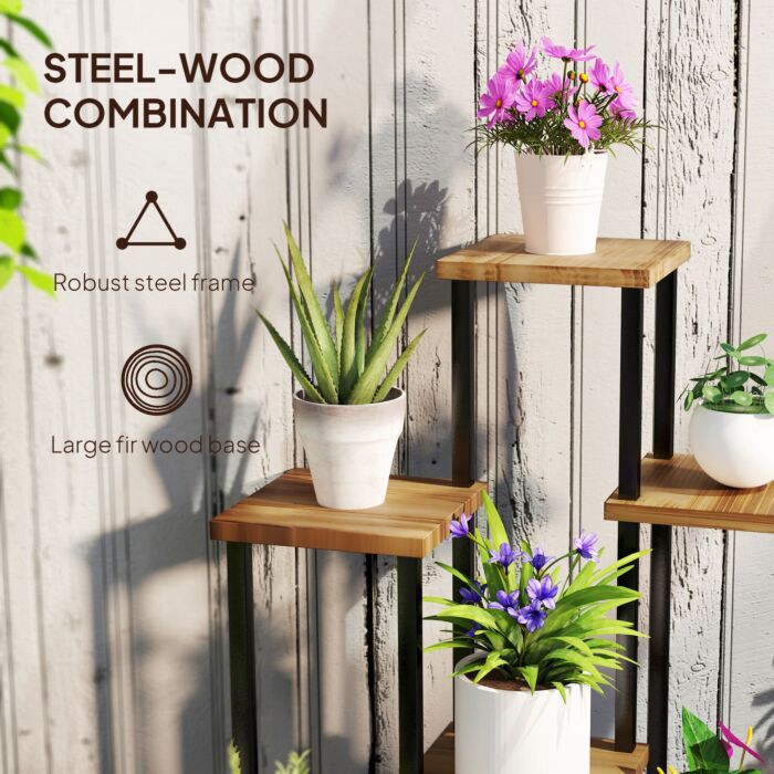 Outsunny 7 Tier Plant Stand Indoor Outdoor, Tiered Corner Steel Wood Plant Shelf For Multiple Plants, Tall Flower Stand Display Rack For Garden Patio Balcony Living Room, Carbonised Finish