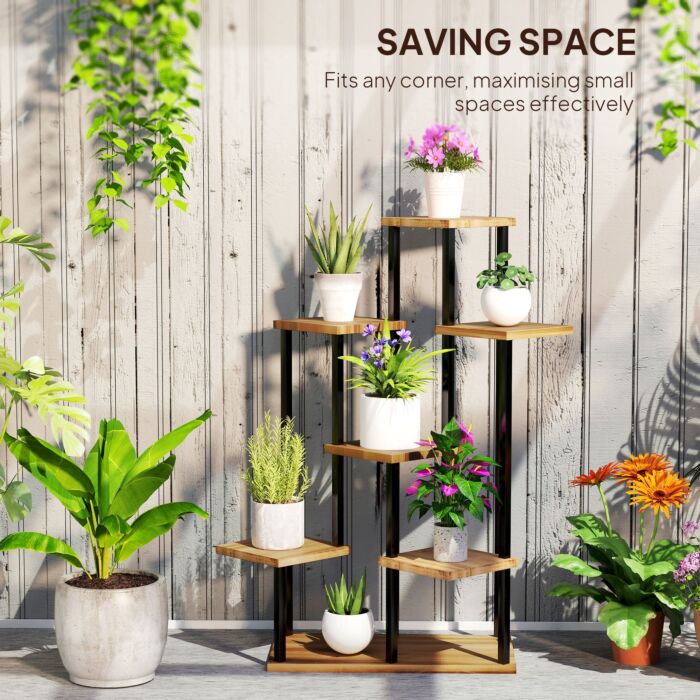 Outsunny 7 Tier Plant Stand Indoor Outdoor, Tiered Corner Steel Wood Plant Shelf For Multiple Plants, Tall Flower Stand Display Rack For Garden Patio Balcony Living Room, Carbonised Finish