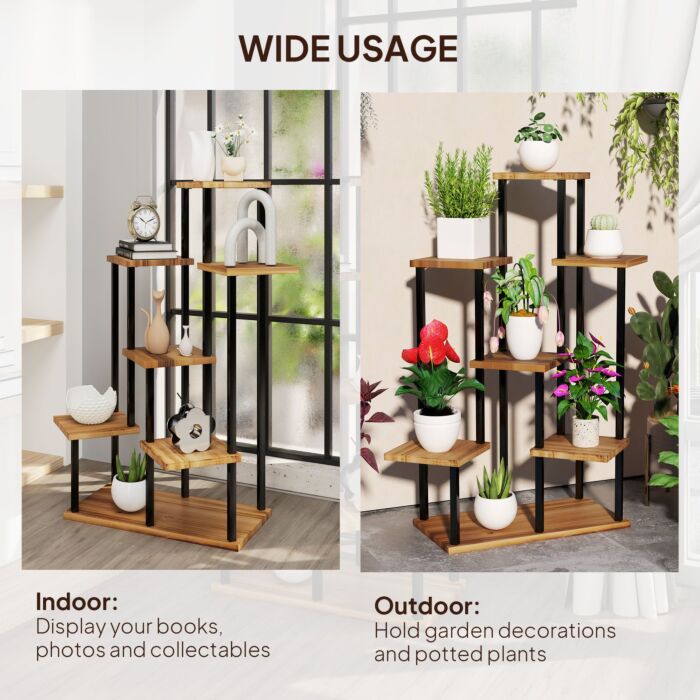 Outsunny 7 Tier Plant Stand Indoor Outdoor, Tiered Corner Steel Wood Plant Shelf For Multiple Plants, Tall Flower Stand Display Rack For Garden Patio Balcony Living Room, Carbonised Finish