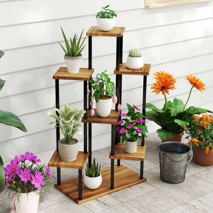 Outsunny 7 Tier Plant Stand Indoor Outdoor, Tiered Corner Steel Wood Plant Shelf For Multiple Plants, Tall Flower Stand Display Rack For Garden Patio Balcony Living Room, Carbonised Finish