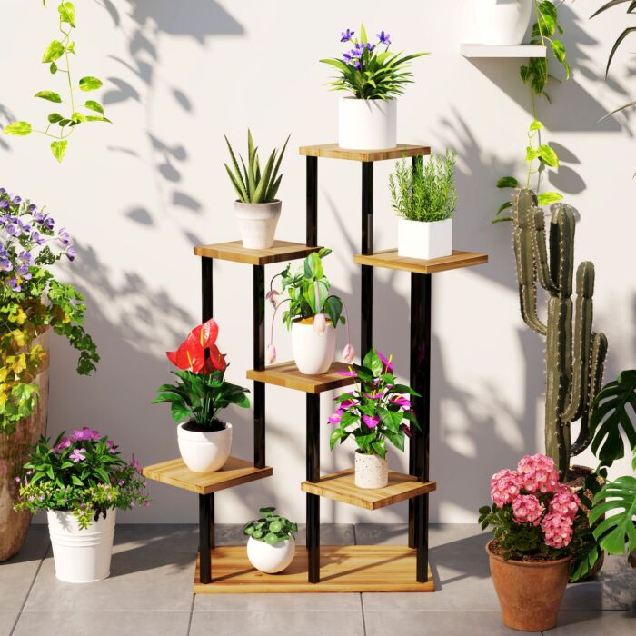 Outsunny 7 Tier Plant Stand Indoor Outdoor, Tiered Corner Steel Wood Plant Shelf For Multiple Plants, Tall Flower Stand Display Rack For Garden Patio Balcony Living Room, Carbonised Finish