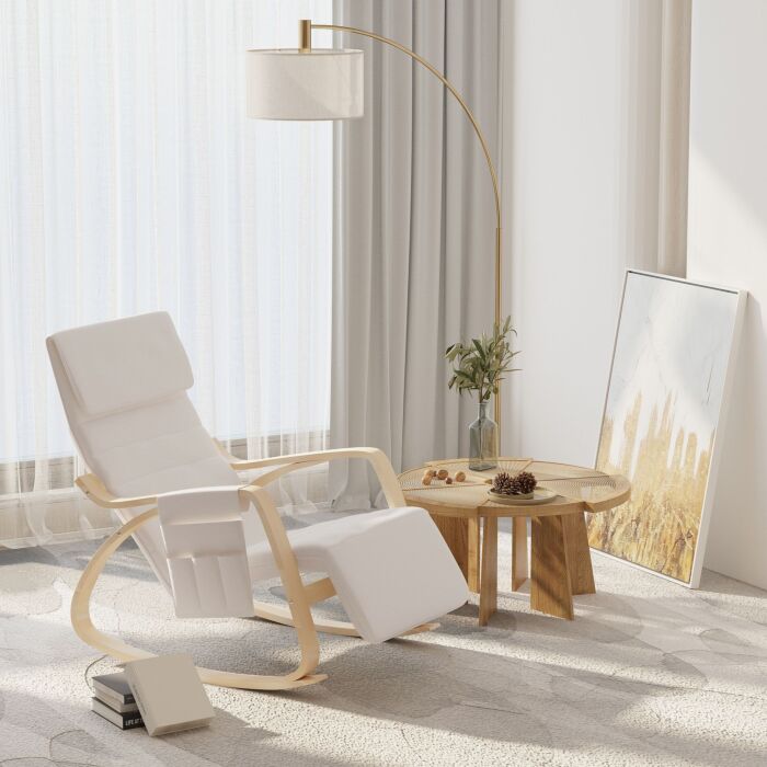 Homcom Rocking Lounge Chair Recliner Relaxation Lounging Relaxing Seat With Adjustable Footrest, Side Pocket And Pillow, Cream White