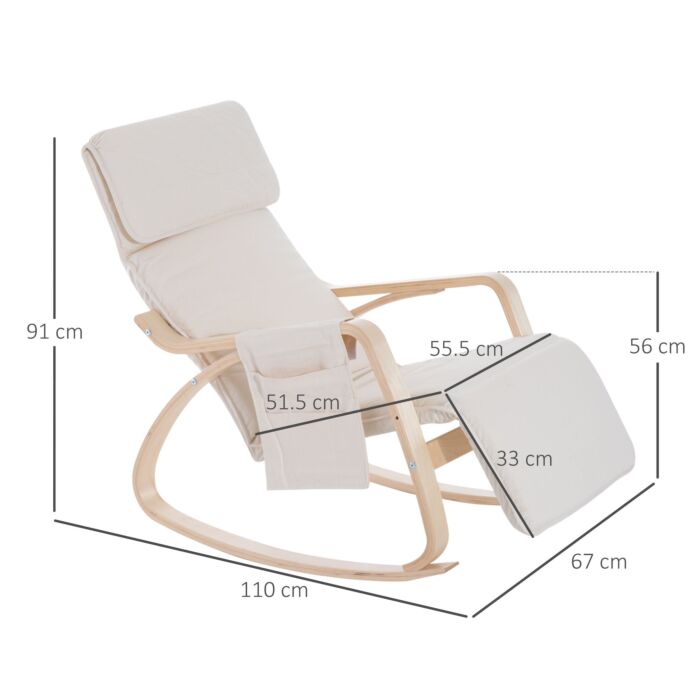 Homcom Rocking Lounge Chair Recliner Relaxation Lounging Relaxing Seat With Adjustable Footrest, Side Pocket And Pillow, Cream White
