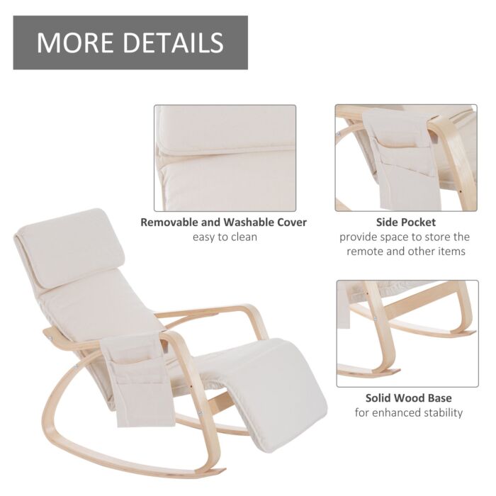 Homcom Rocking Lounge Chair Recliner Relaxation Lounging Relaxing Seat With Adjustable Footrest, Side Pocket And Pillow, Cream White
