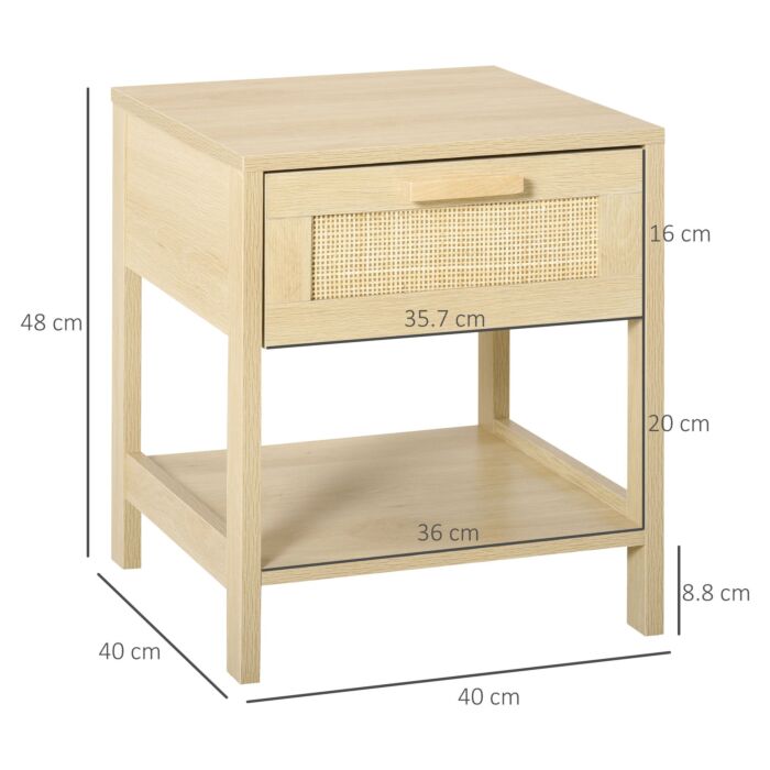 Homcom Nightstand With Rattan Drawer And Storage Shelf, Bedside End Table, Set Of 2