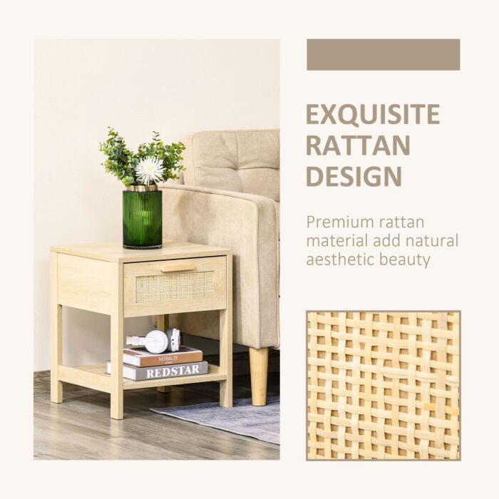 Homcom Nightstand With Rattan Drawer And Storage Shelf, Bedside End Table, Set Of 2