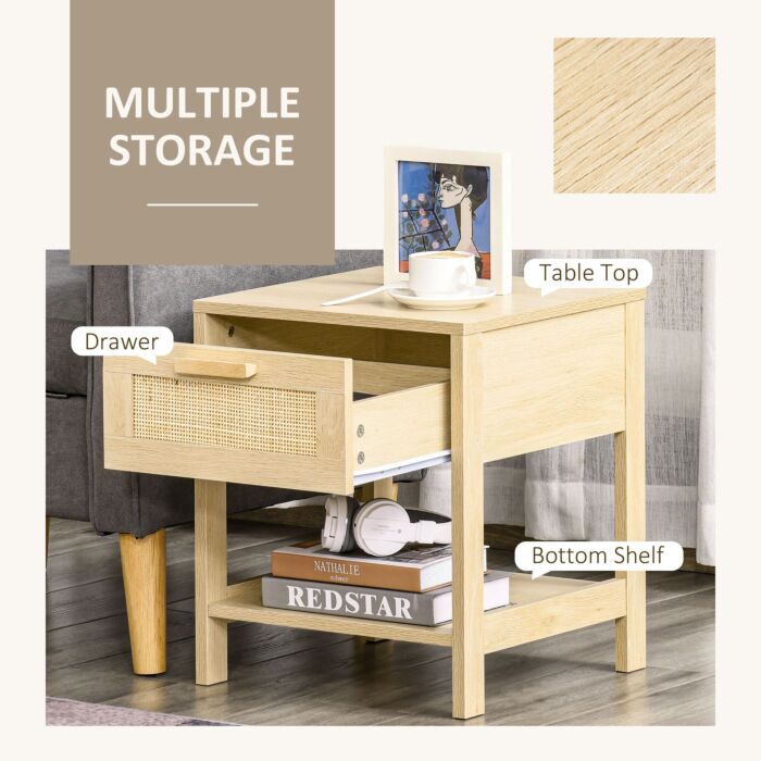 Homcom Nightstand With Rattan Drawer And Storage Shelf, Bedside End Table, Set Of 2
